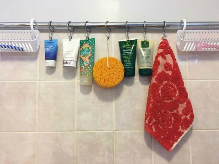 s why you should use hanging storage from now on 13 ways, storage ideas, Create extra shower storage with tension rods