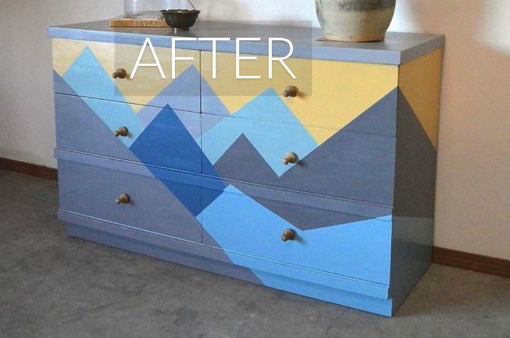 s stop everything these dresser makeovers look ah mazing, painted furniture, After A modern geometric mountain makeover