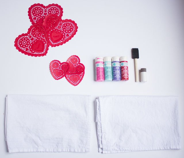 doily stamped valentine s day tea towels, bathroom ideas, seasonal holiday decor, valentines day ideas