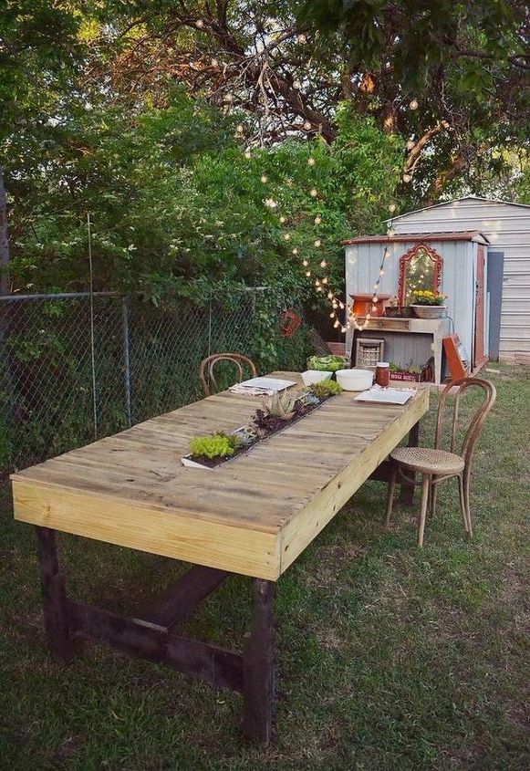 shut the front door these pallet furniture ideas are breathtaking, This farmhouse table with gutter planter