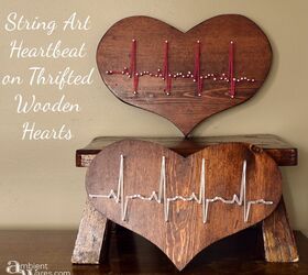 string art heartbeat on thrifted wooden hearts, crafts, repurposing upcycling