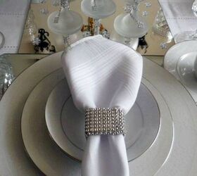 s how to get gorgeous table top decor for under 2, home decor, how to, painted furniture, Add rhinestone mesh to metal napkin rings