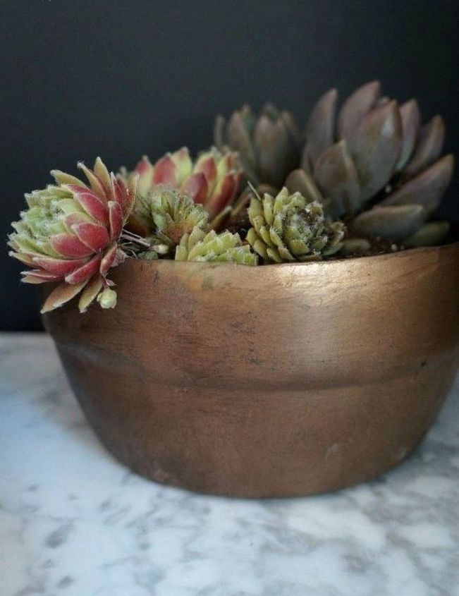 s cut plastic ontainters in half to copy these 16 cool ideas, This gorgeous copper succulent planter
