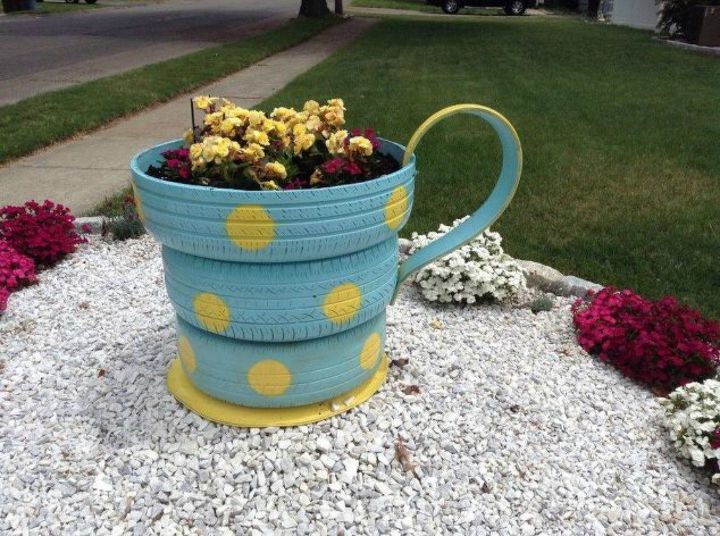s make your neighbors giggle with these x planter ideas, gardening, Stack tires into a big teacup planter