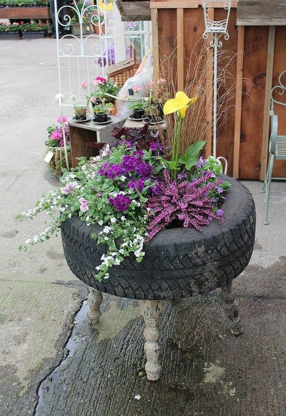 s make your neighbors giggle with these x planter ideas, gardening, Place a tire on three chair legs