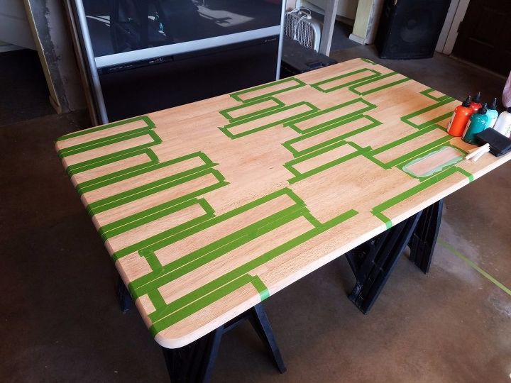 color block kitchen table, kitchen design, painted furniture, First round of tape