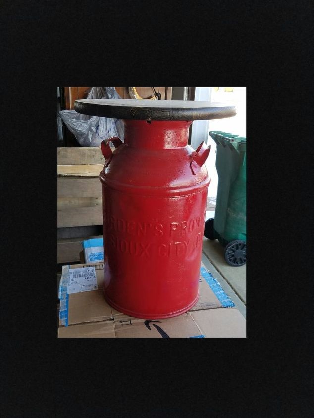 repurposing vintage milk can to a side table