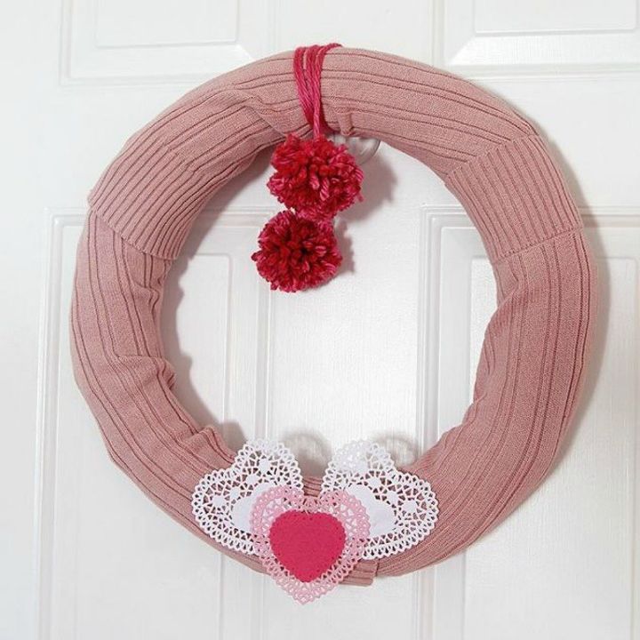 s dress your door for valentine s with these 20 beautiful wreaths, crafts, doors, seasonal holiday decor, valentines day ideas, wreaths, This cute one made from an old sweater