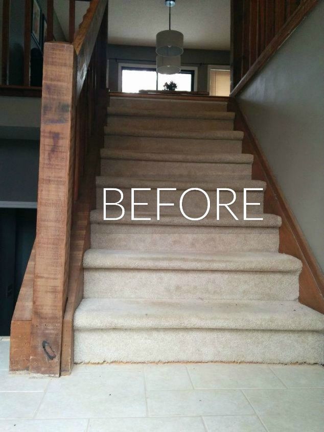 say goodbye to your carpet stairs with these brilliant transformations, Before Old and dingy ivory stairs