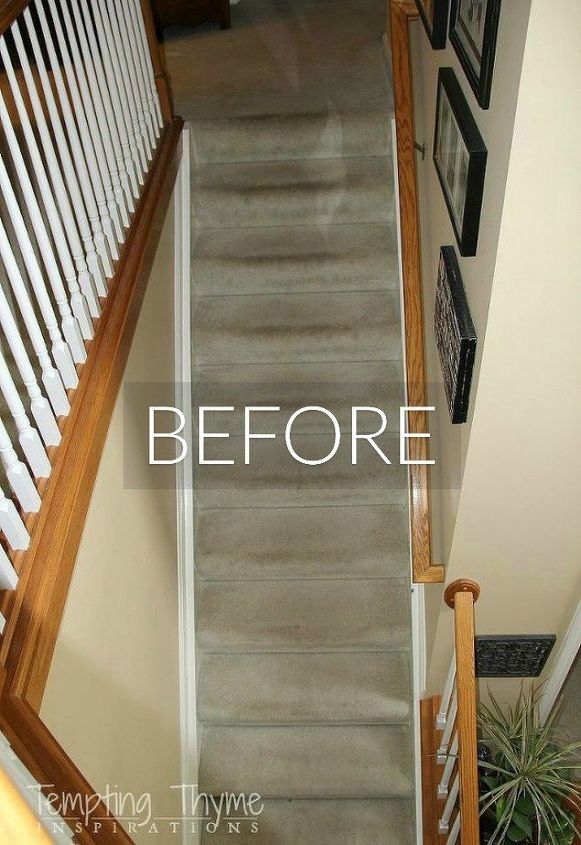 say goodbye to your carpet stairs with these brilliant transformations, Before Dusted white carpet