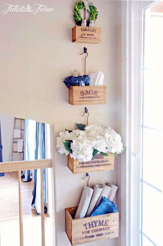 add more kitchen space with these 13 brilliant hook hacks, Attach vintage herb crates to coat hooks