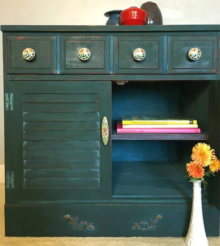 s 15 easy tricks to give your furniture that gorgeous distressed look, painted furniture, Bring out the red in a wabi sabi cabinet
