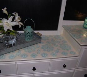 dresser with hutch make over and stenciled counter shelf, countertops, painted furniture, shelving ideas