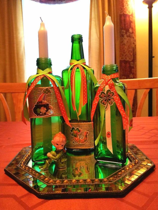 decoracin del da de san patricio con botellas recicladas, Como centro de mesa