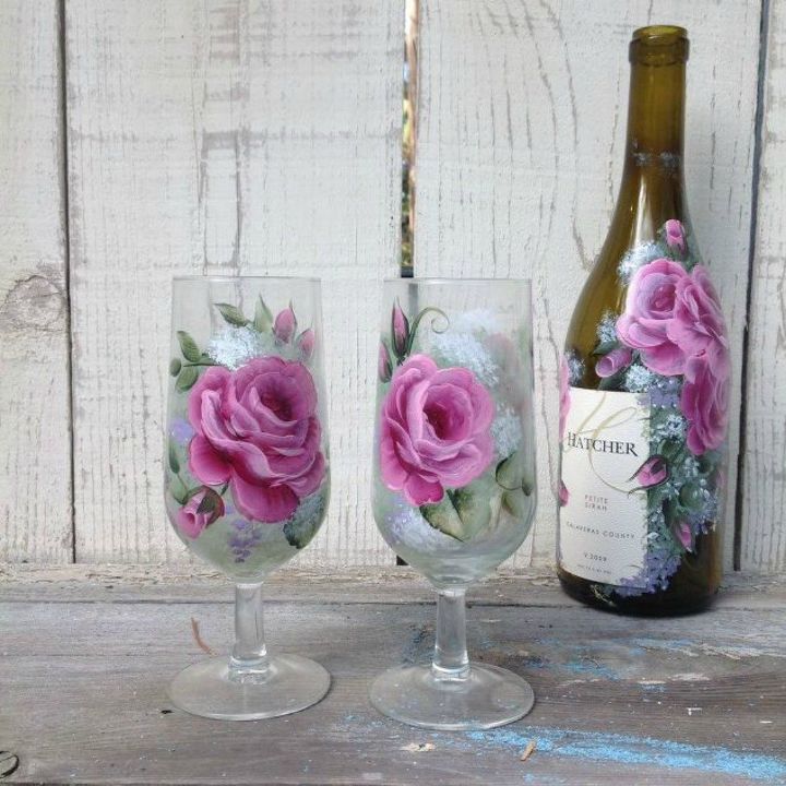 s don t throw out your boring glassware before you see these 11 ideas, Paint your wine glasses like a rose garden