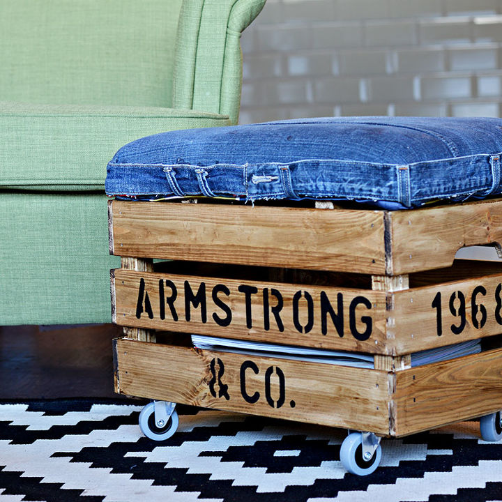 diy an awesome footstool with storage from jeans and a crate, storage ideas