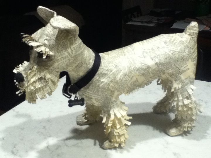 paper mache schnauzer using an old dictionary