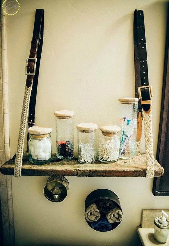 replace your bathroom shelves with these 13 creative ideas, Rope a belt around a piece of wood