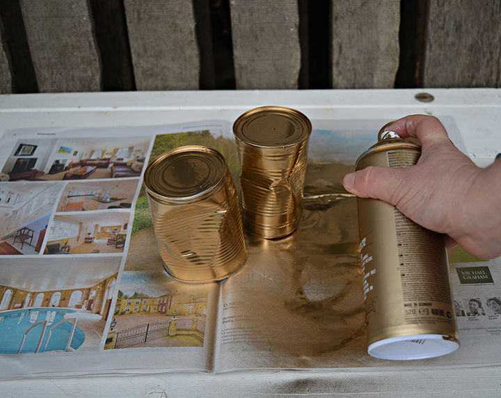 10 minute upcycled crushed gold tin can planters