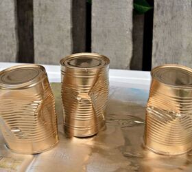 10 minute upcycled crushed gold tin can planters, gardening