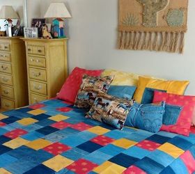 denim fabric quilt and matching pillows