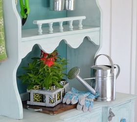 repurpose a hutch desk into a potting bench and beverage station