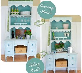 repurpose a hutch desk into a potting bench and beverage station