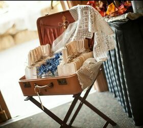 vintage rustic diy wedding decor, Vintage Suitcase holds Programs Bubbles