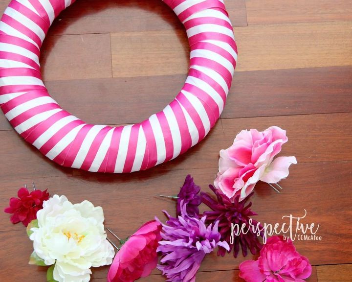 spring wreath with ribbon and dollar store flowers