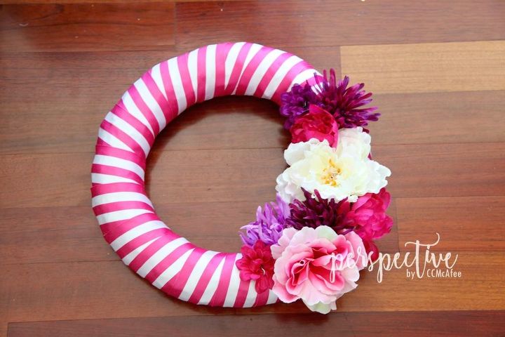 spring wreath with ribbon and dollar store flowers