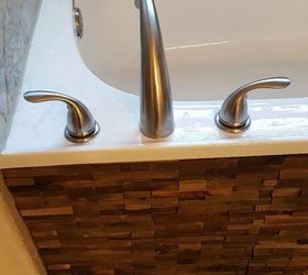 dress up a bathtub, We installed wooden tile pieces over a cheap