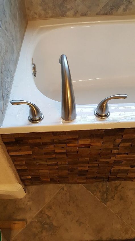 dress up a bathtub, We installed wooden tile pieces over a cheap