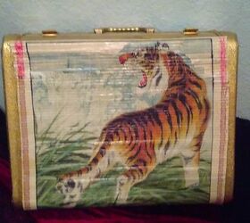 upcyled small brief suitcase with vintage calendars