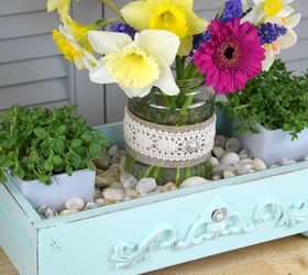 diy spring centerpiece made from an old drawer and pickle jar