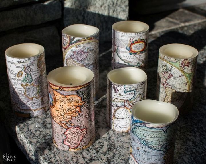 velas decoradas con un mapa del mundo antiguo con un imprimible gratuito