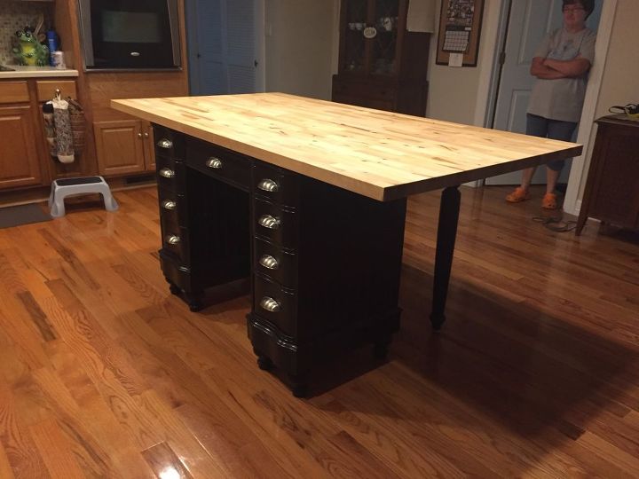 antique desk turned into kitchen island