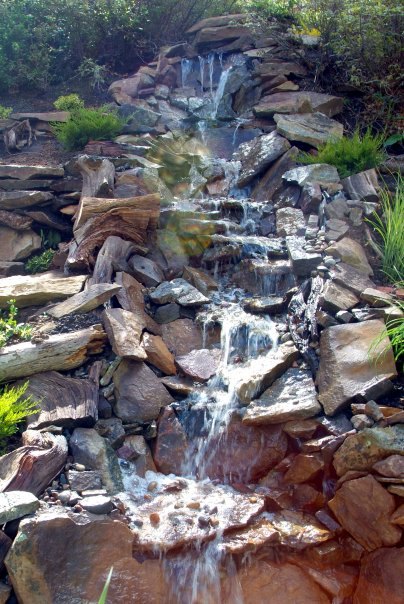 how to build a backyard waterfall up a slope, Rocks and plants work in process