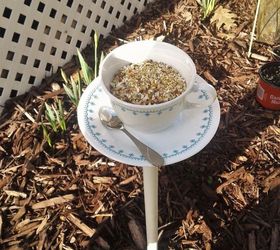 thrift store tea cup and saucer free standing bird feeders