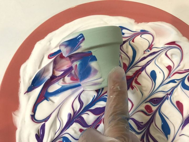 marbleized terra cotta pots painted with shaving cream