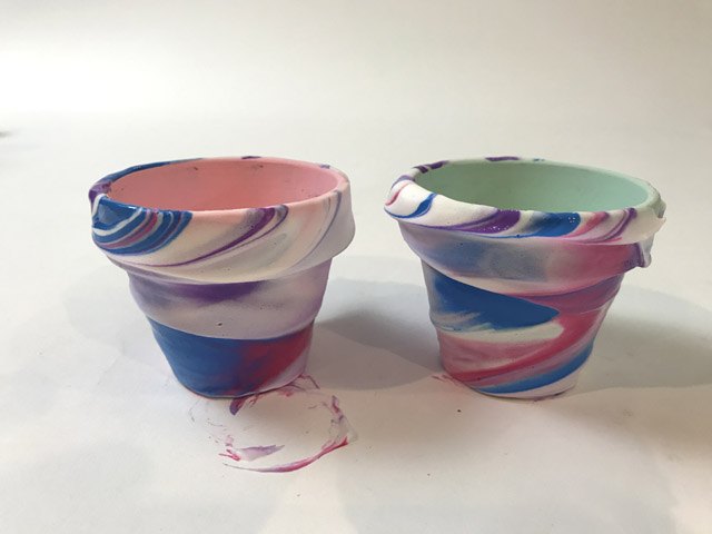 marbleized terra cotta pots painted with shaving cream
