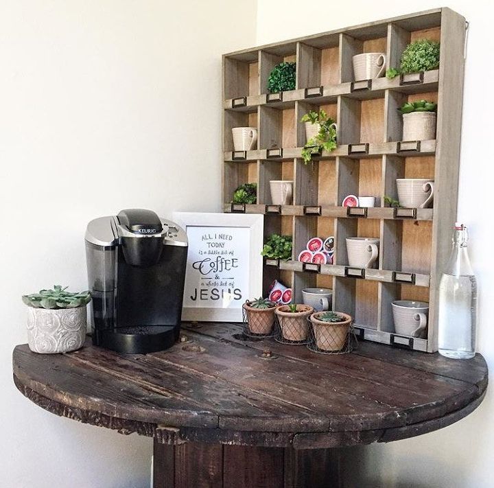 up cycled wood spool serving table