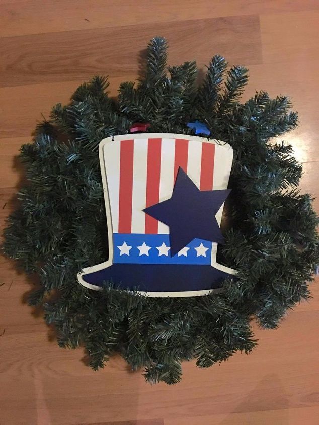 turn a pine wreath into a patriotic wreath, Pine Base w the secured Top Hat