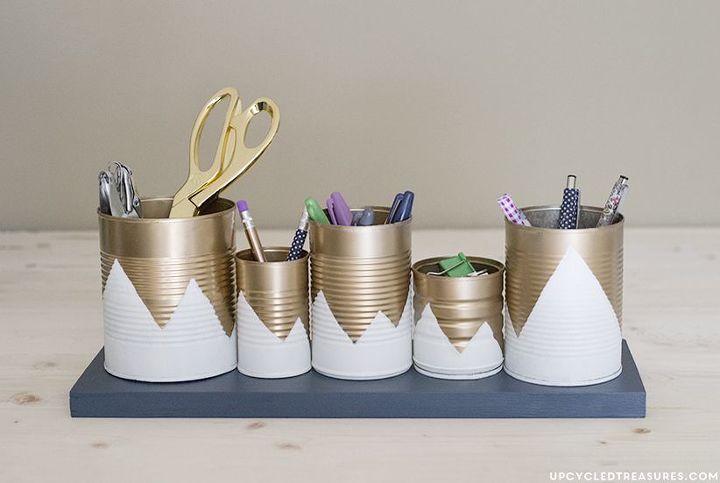 s 30 fun ways to keep your home organized, Craft Tin Cans Into Pencil Holders With Spray
