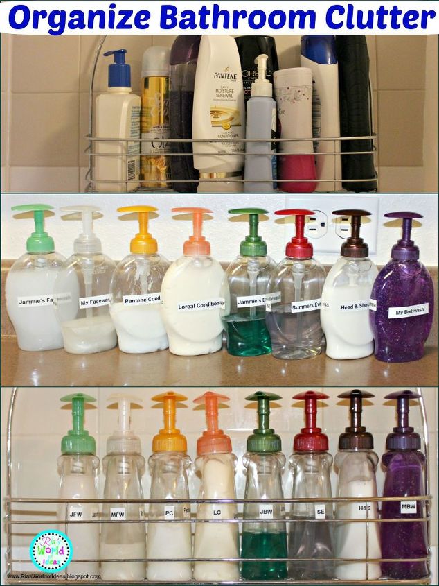 s 30 fun ways to keep your home organized, Organize Shower Products With Colored Bottles