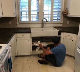 concrete counters feather finish over formica my version, My husband putting in new sink