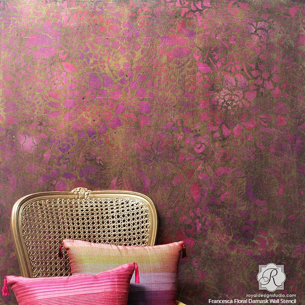 30 stunning ways to use metallic paint no experience necessary, Rub Vibrant Colored Stencil On Walls