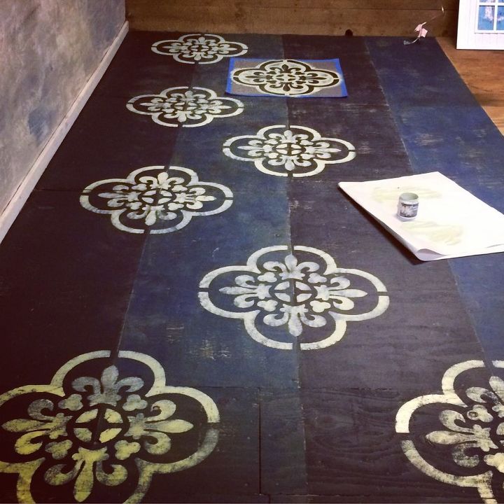 stenciled floor project in the barn