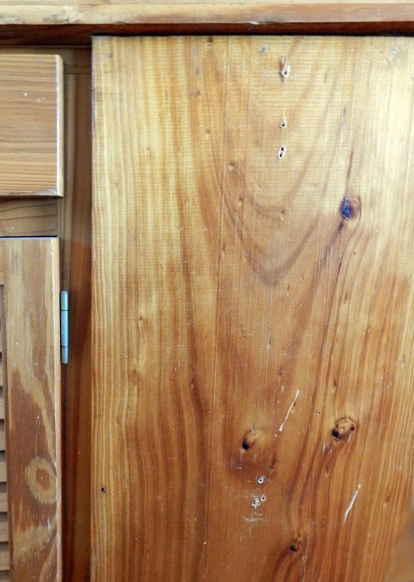 eliminating scratches and blemishes from wooden cabinets and furniture, A pine cabinet has been scratched and dented
