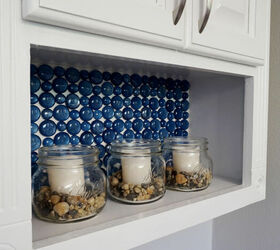 no way these pops of color were made with dollar store items, This amazing bathroom shelf backsplash