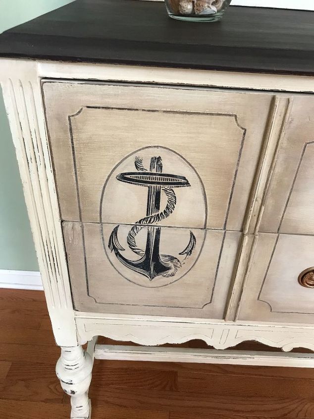 hand painted nautical themed sideboard with ink jet transfers